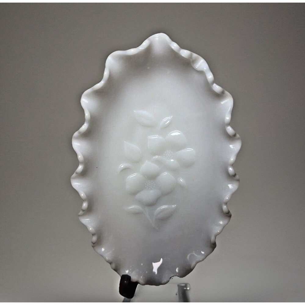 Vintage Milk Glass Oval Dresser Tray Vanity Ruffled Rim & Flowers 7"